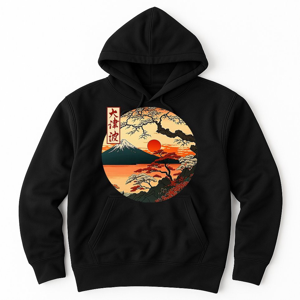 Japanese Red Sunset And Mountain Fuji Kanji Hoodie