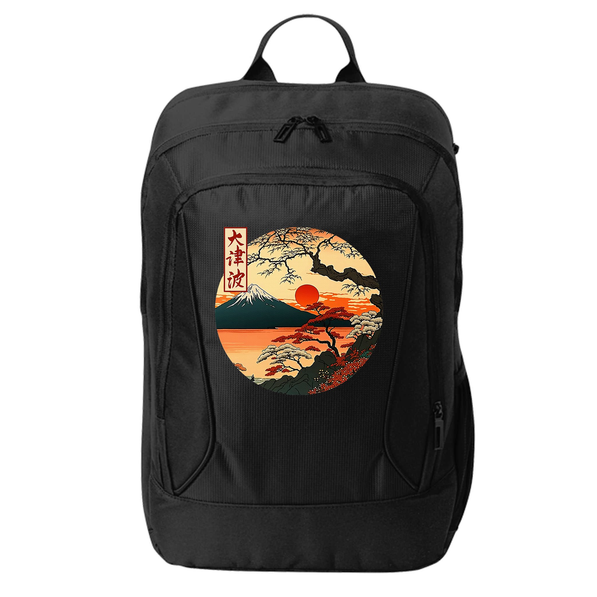 Japanese Red Sunset And Mountain Fuji Kanji City Backpack