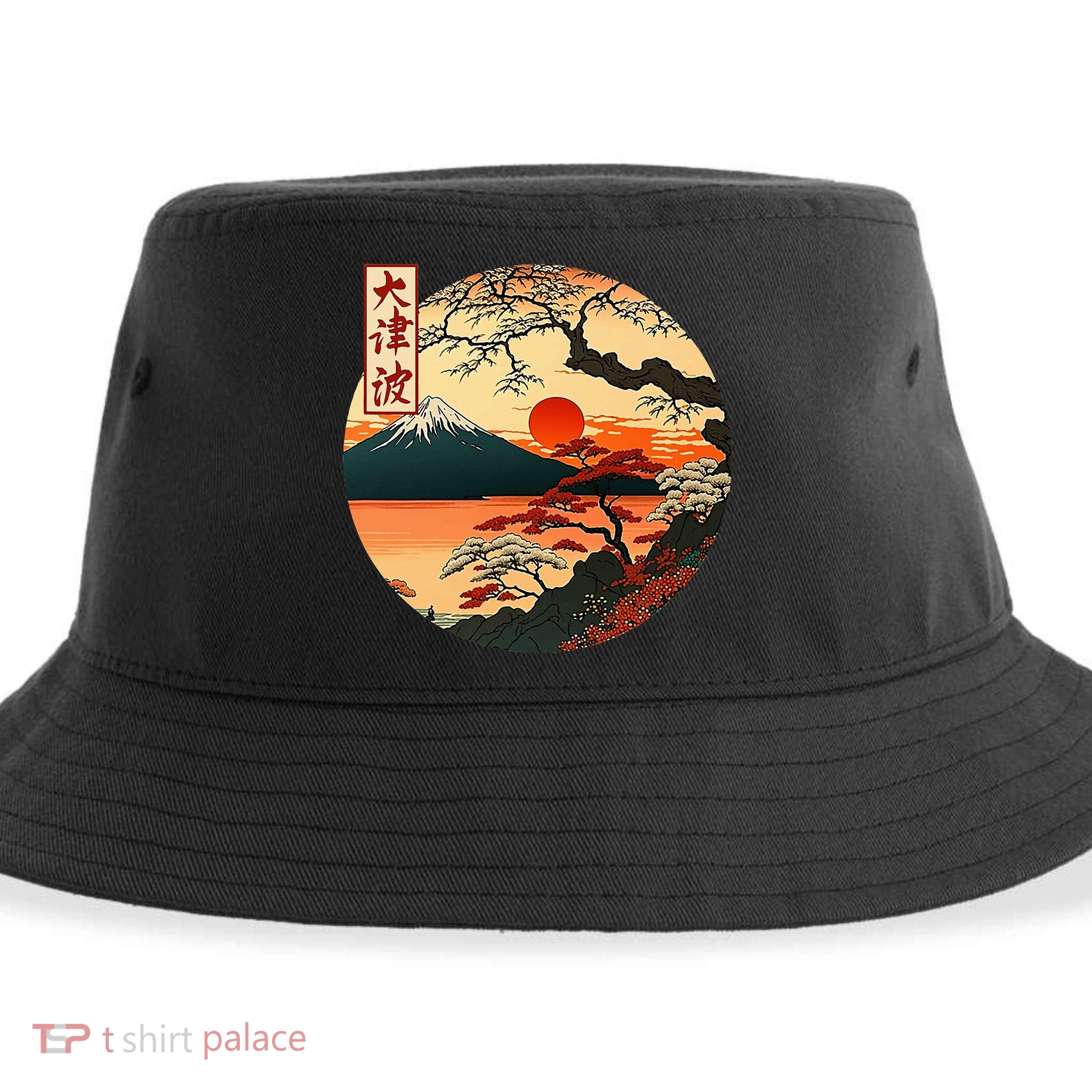 Japanese Red Sunset And Mountain Fuji Kanji Sustainable Bucket Hat