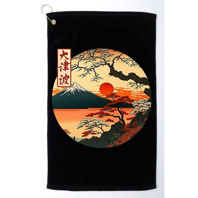 Japanese Red Sunset And Mountain Fuji Kanji Golf Towel