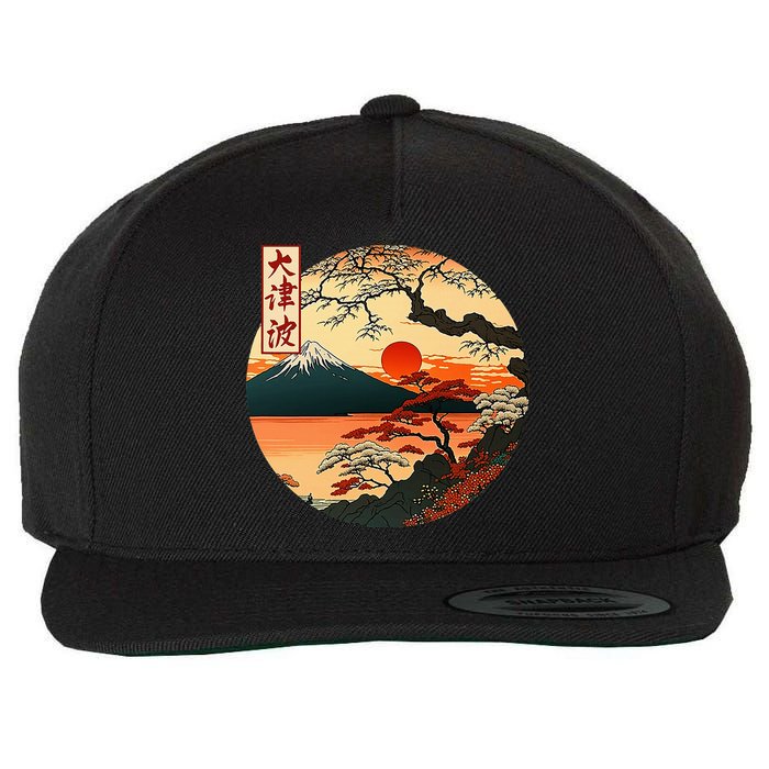 Japanese Red Sunset And Mountain Fuji Kanji Wool Snapback Cap