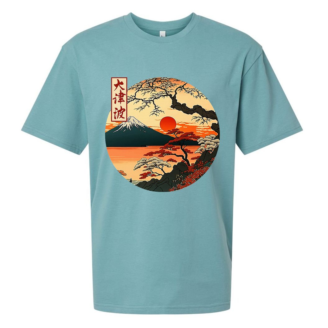 Japanese Red Sunset And Mountain Fuji Kanji Sueded Cloud Jersey T-Shirt