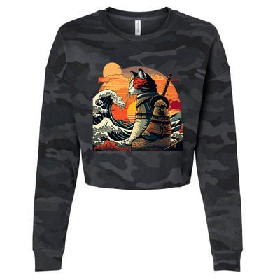 Japanese Retro Samurai Cat The Great Wave By Hokusai Cropped Pullover Crew