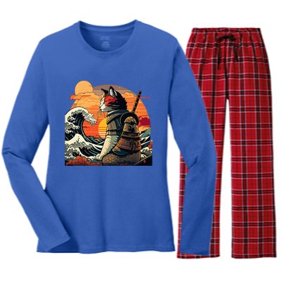 Japanese Retro Samurai Cat The Great Wave By Hokusai Women's Long Sleeve Flannel Pajama Set 