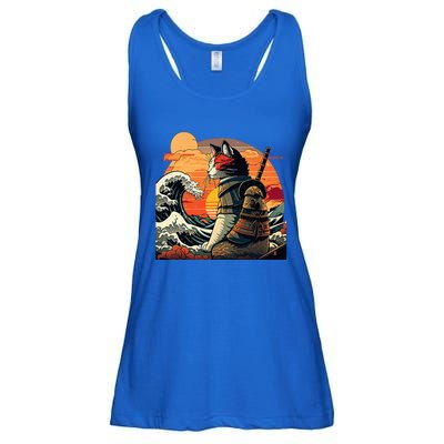 Japanese Retro Samurai Cat The Great Wave By Hokusai Ladies Essential Flowy Tank