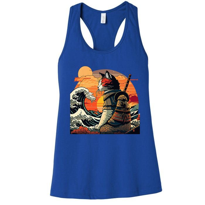 Japanese Retro Samurai Cat The Great Wave By Hokusai Women's Racerback Tank