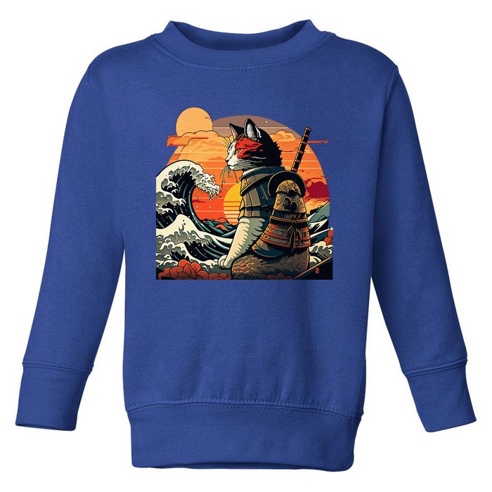 Japanese Retro Samurai Cat The Great Wave By Hokusai Toddler Sweatshirt