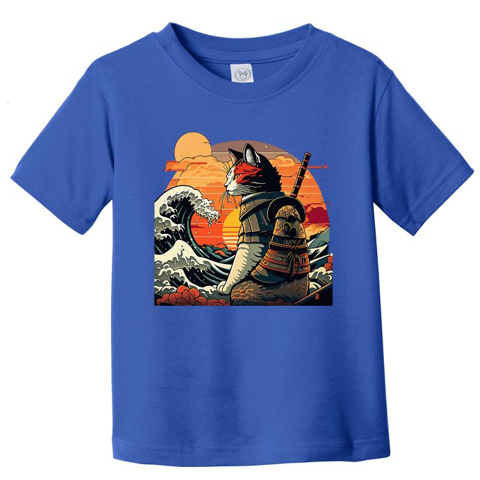 Japanese Retro Samurai Cat The Great Wave By Hokusai Toddler T-Shirt