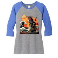 Japanese Retro Samurai Cat The Great Wave By Hokusai Women's Tri-Blend 3/4-Sleeve Raglan Shirt