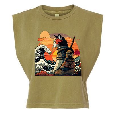 Japanese Retro Samurai Cat The Great Wave By Hokusai Garment-Dyed Women's Muscle Tee