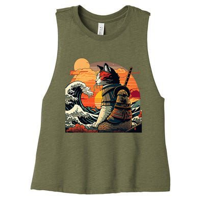 Japanese Retro Samurai Cat The Great Wave By Hokusai Women's Racerback Cropped Tank