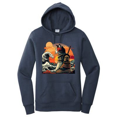 Japanese Retro Samurai Cat The Great Wave By Hokusai Women's Pullover Hoodie