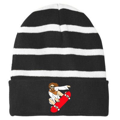 Jesus Riding Skateboard Striped Beanie with Solid Band