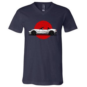 Japanese Roadster Sports Car Sketch With Flag Background V-Neck T-Shirt