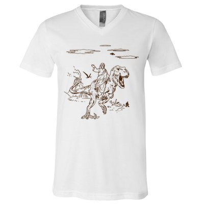 Jesus Riding TRex Dinosaur V-Neck T-Shirt