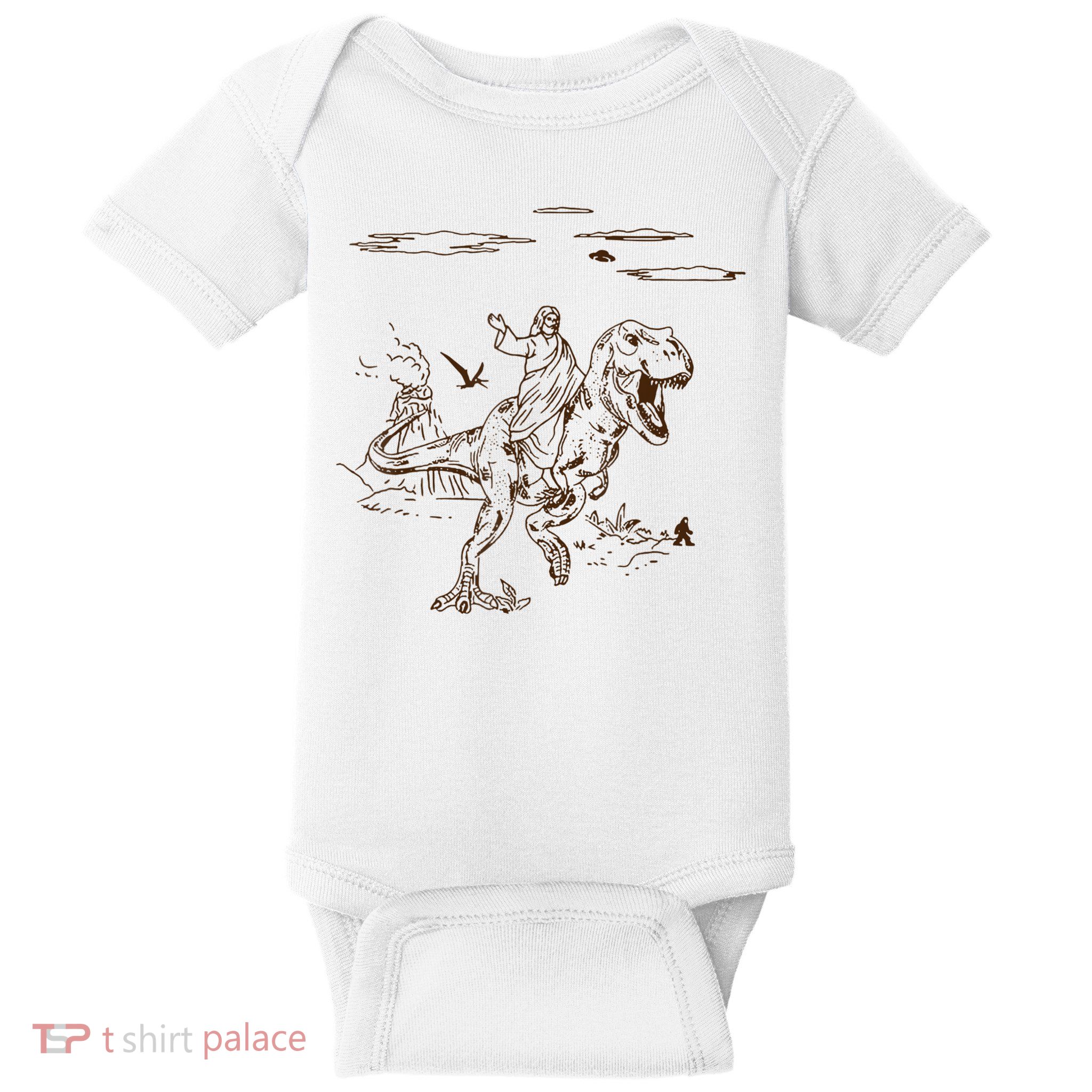 Jesus Riding TRex Dinosaur Baby Bodysuit