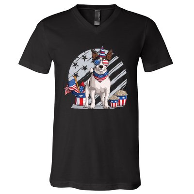 Jack Russell Terrier Dog 4th Of July Sunglasses Usa Flag Fireworks V-Neck T-Shirt