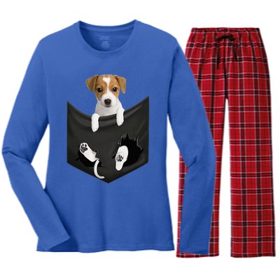 Jack Russell Terrier Dog In Pocket Women's Long Sleeve Flannel Pajama Set 