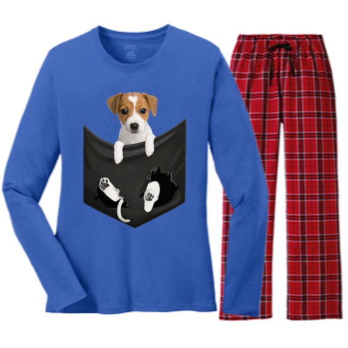 Jack Russell Terrier Dog In Pocket Women's Long Sleeve Flannel Pajama Set 