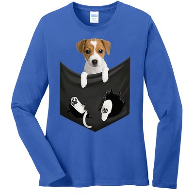 Jack Russell Terrier Dog In Pocket Ladies Long Sleeve Shirt