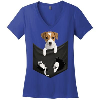 Jack Russell Terrier Dog In Pocket Women's V-Neck T-Shirt