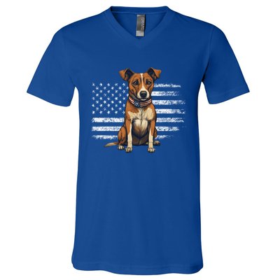 Jack Russell Terrier Dad Mom Dog Lover Usa Flag 4th Of July Gift V-Neck T-Shirt