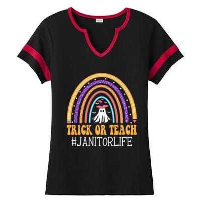 Janitor Rainbow Trick Or Teach Funny Ghost Halloween Gift Ladies Halftime Notch Neck Tee