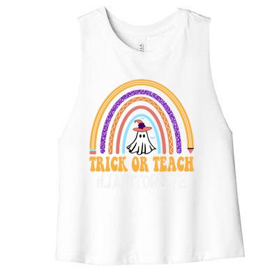 Janitor Rainbow Trick Or Teach Funny Ghost Halloween Gift Women's Racerback Cropped Tank