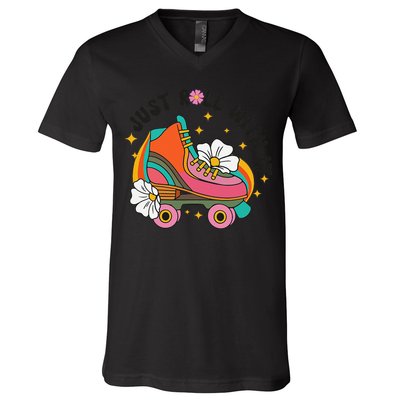 Just Roll With It Roller Skating Retro Summer Vintage Roller V-Neck T-Shirt