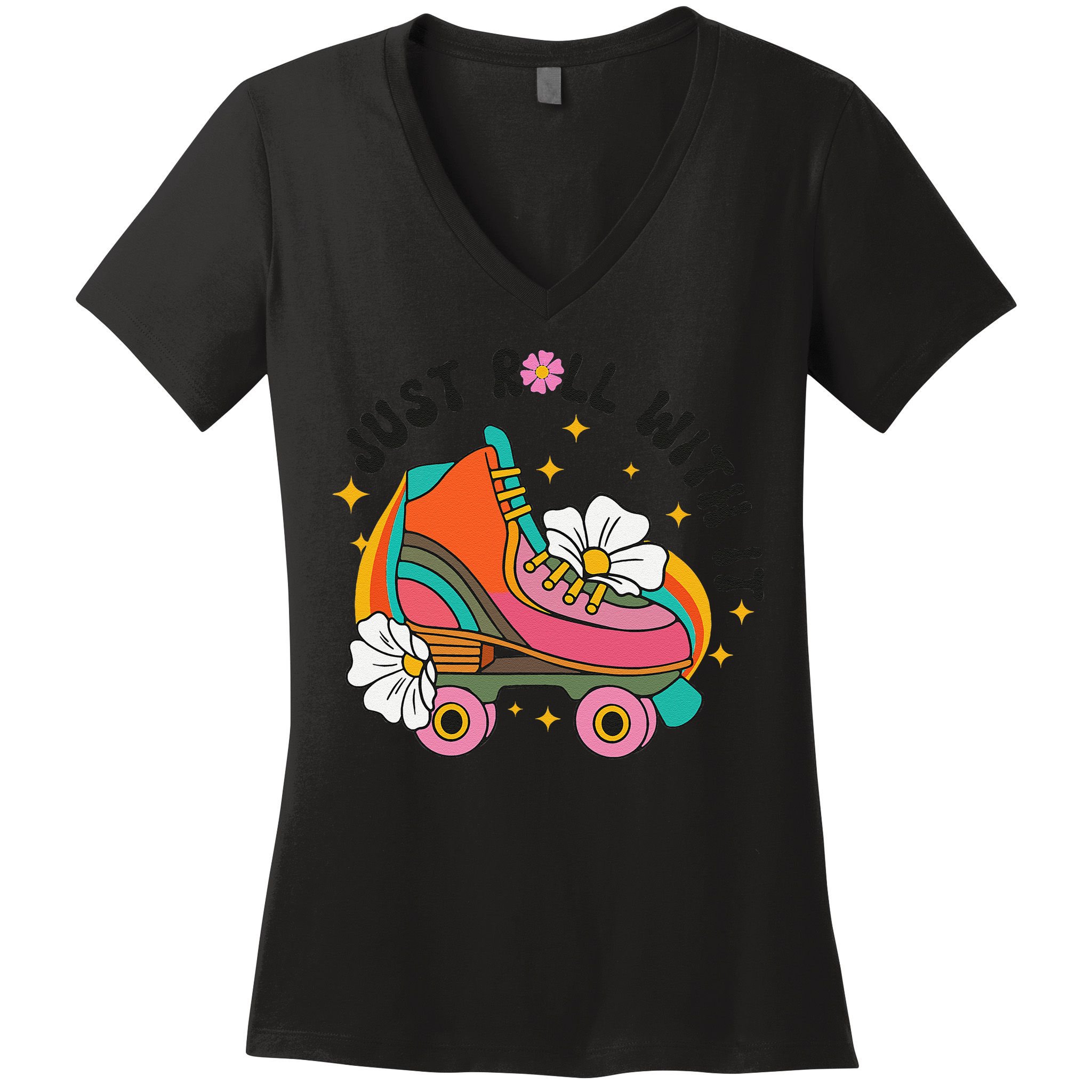 Just Roll With It Roller Skating Retro Summer Vintage Roller Women's V-Neck T-Shirt