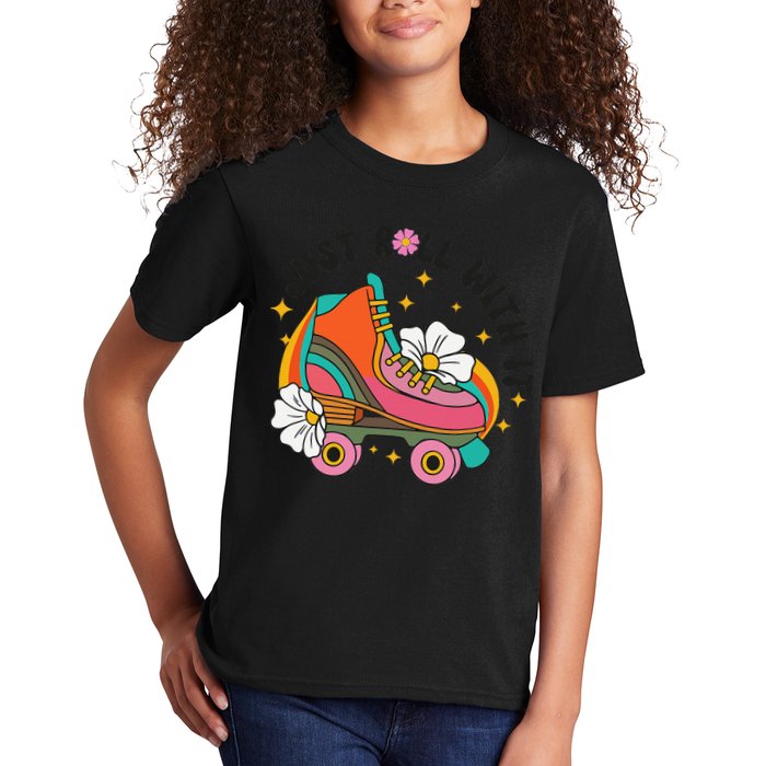 Just Roll With It Roller Skating Retro Summer Vintage Roller Kids T-Shirt