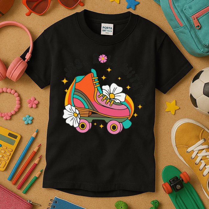 Just Roll With It Roller Skating Retro Summer Vintage Roller Kids T-Shirt