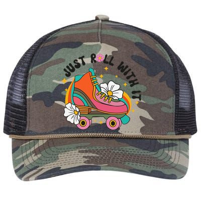 Just Roll With It Roller Skating Retro Summer Vintage Roller Retro Rope Trucker Hat Cap