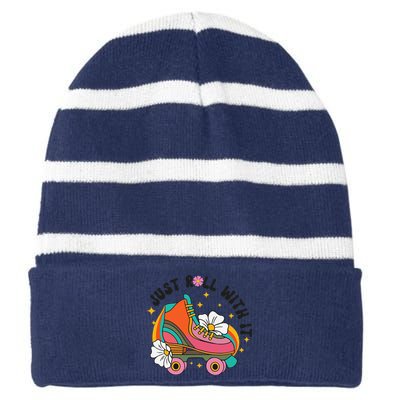 Just Roll With It Roller Skating Retro Summer Vintage Roller Striped Beanie with Solid Band