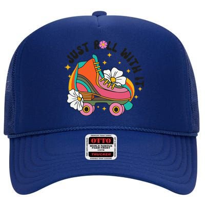 Just Roll With It Roller Skating Retro Summer Vintage Roller High Crown Mesh Back Trucker Hat