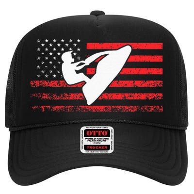 Jet Ski American Flag Funny Jet Skiing Gifts High Crown Mesh Back Trucker Hat