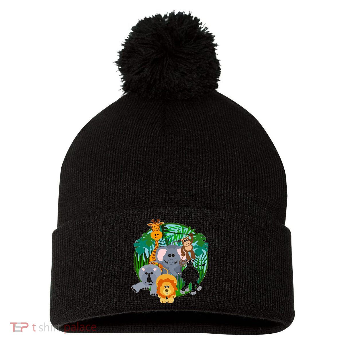 Jungle Safari Animals Pom Pom 12in Knit Beanie