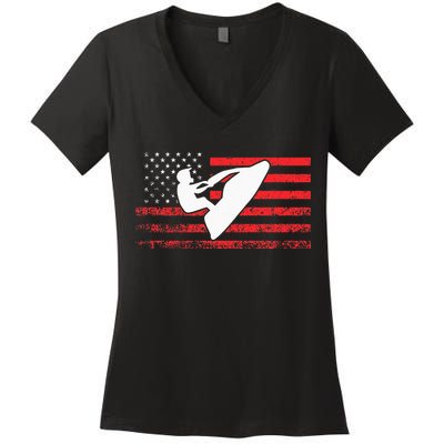 Jet Ski American Flag Funny Jet Skiing Gifts Women's V-Neck T-Shirt