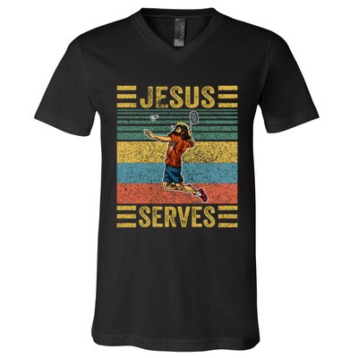 Jesus Serves Badminton Vintage V-Neck T-Shirt