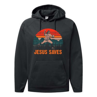 Jesus Saves Baseball Pitcher Vintage Retro 80s Performance Fleece Hoodie