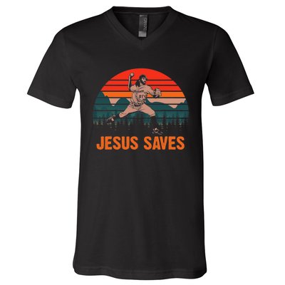 Jesus Saves Baseball Pitcher Vintage Retro 80s V-Neck T-Shirt