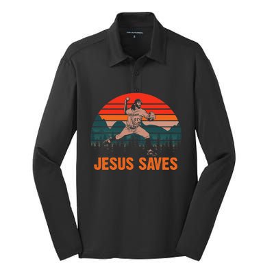 Jesus Saves Baseball Pitcher Vintage Retro 80s Silk Touch Performance Long Sleeve Polo