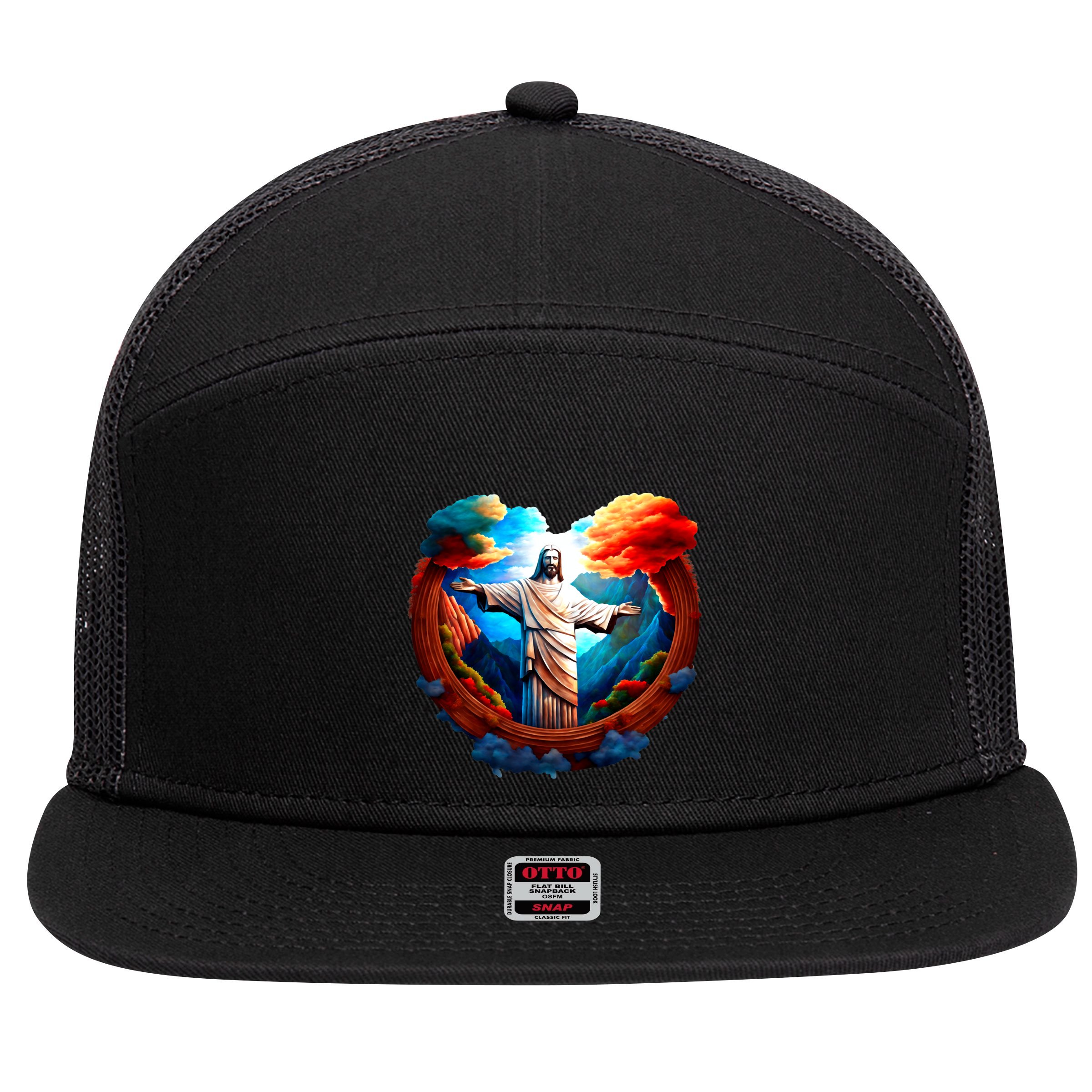 Jesus Surrounded By Nature 7 Panel Mesh Trucker Snapback Hat