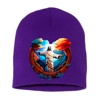 Jesus Surrounded By Nature Short Acrylic Beanie