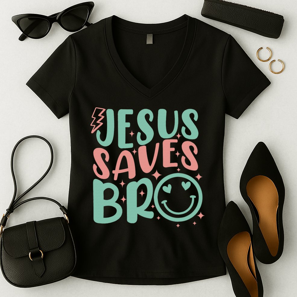 Jesus Saves Bro Retro Christian Religious Women's V-Neck T-Shirt