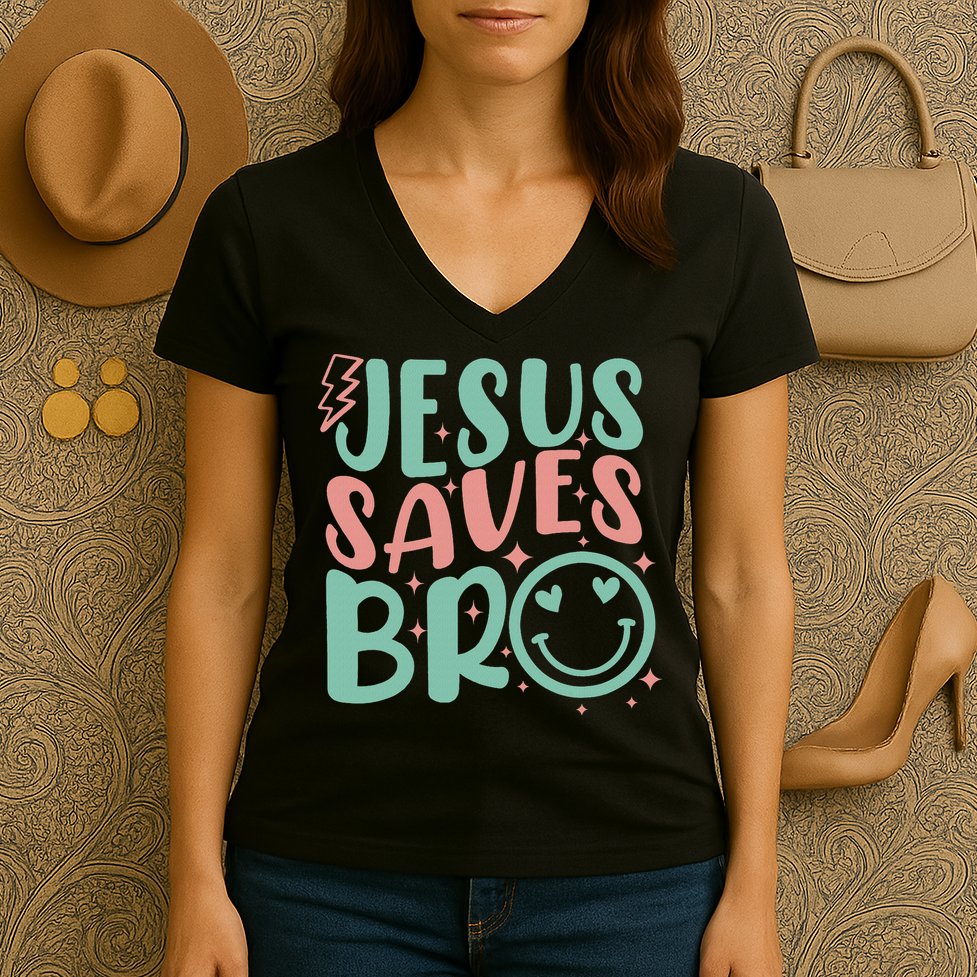Jesus Saves Bro Retro Christian Religious Women's V-Neck T-Shirt