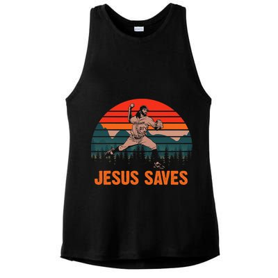 Jesus Saves Baseball Pitcher Vintage Retro 80s Ladies PosiCharge Tri-Blend Wicking Tank