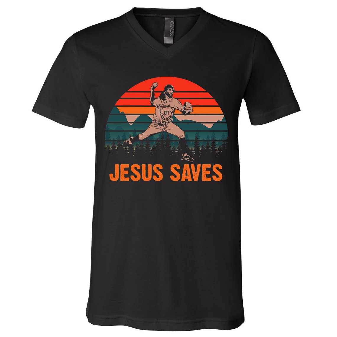 Jesus Saves Baseball Pitcher Vintage Retro 80s V-Neck T-Shirt