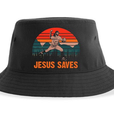 Jesus Saves Baseball Pitcher Vintage Retro 80s Sustainable Bucket Hat