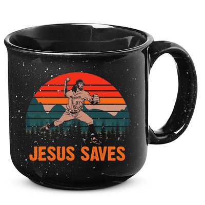 Jesus Saves Baseball Pitcher Vintage Retro 80s 15oz Campfire Ceramic Mug